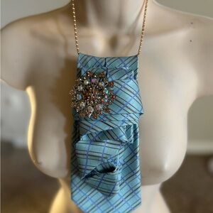 Gold Crystal Brooch Necklace on Teal Plaid Statement Tie